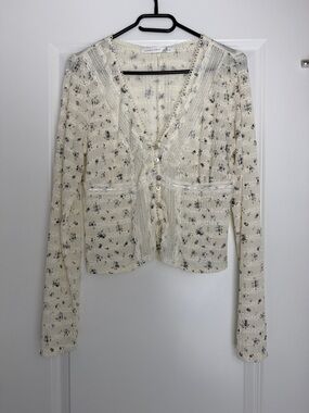 Altar'd State Cream Floral Lace-Trim Button Down Top